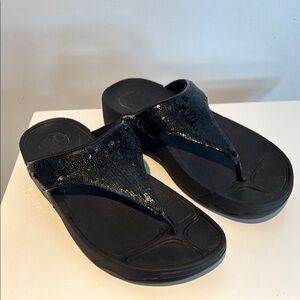 Fitflop Women’s Electra Black Sequin Slide On Sandals Sz 8 Flip Flops Wedge